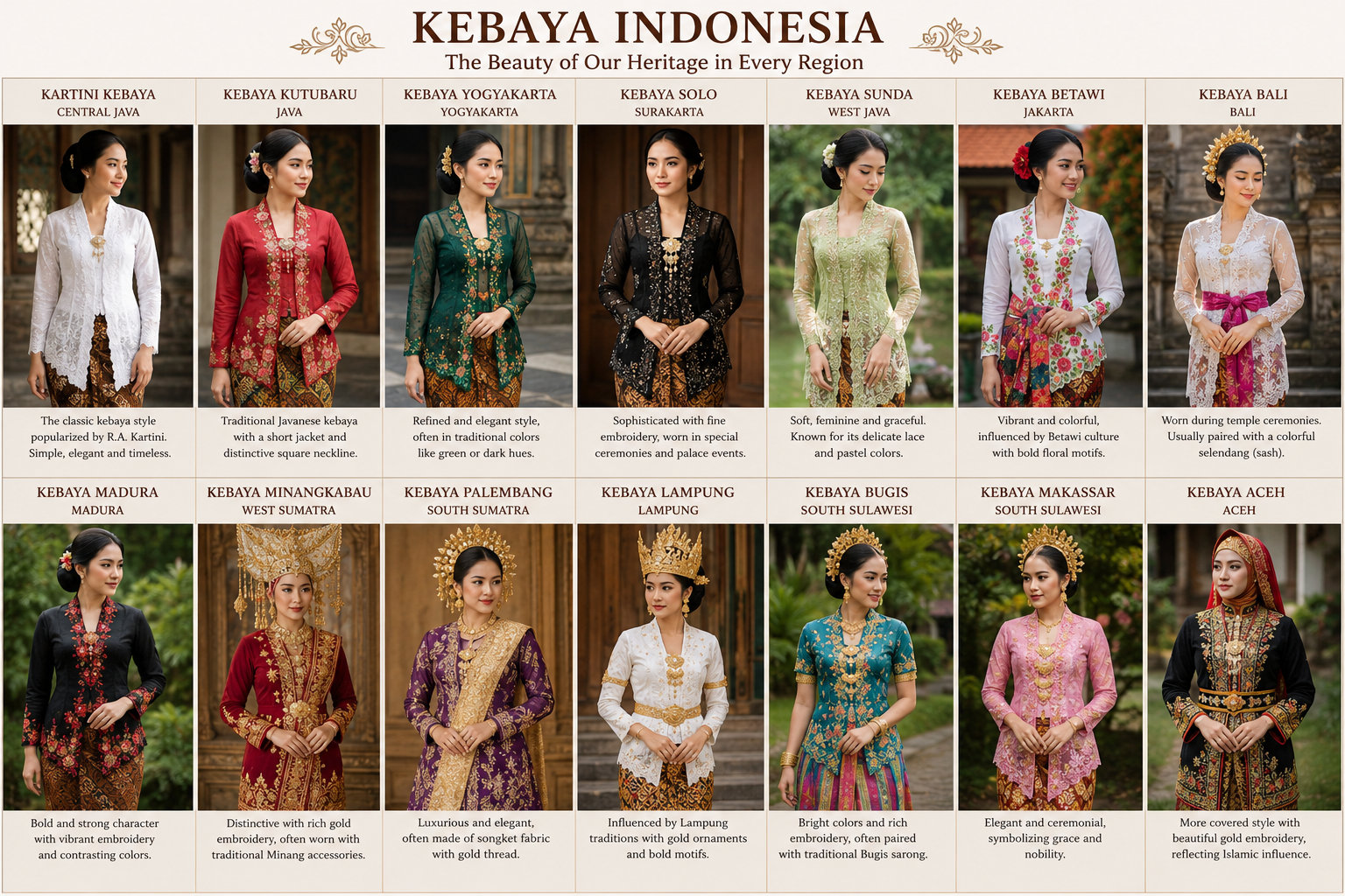 Kebaya Indonesia: The Beauty of Our Heritage in Every Region — fourteen regional styles, each named and described. Kartini of Central Java, simple and timeless; Kutubaru of Java with its short jacket and square neckline; Yogyakarta in deep green; Solo in fine black embroidery for palace occasions; Sunda of West Java in pastel lace; Betawi of Jakarta in bold florals; Bali, worn at temple ceremonies with a coloured selendang sash; Madura in black with vivid embroidery; Minangkabau of West Sumatra with its gold headdress; Palembang of South Sumatra in songket and gold thread; Lampung with its crown and bold motifs; Bugis and Makassar of South Sulawesi in ceremonial gold; and Aceh, a more covered style with gold embroidery reflecting Islamic influence.