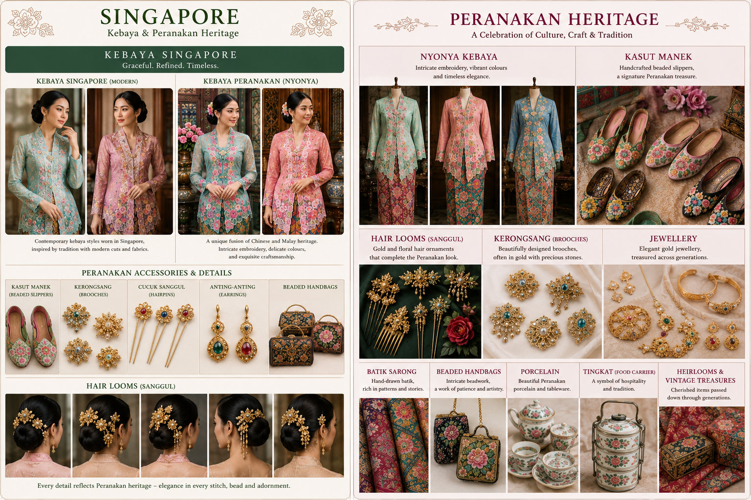 Two panels. Singapore: Kebaya & Peranakan Heritage — the modern Kebaya Singapore in mint and rose lace, and the Kebaya Peranakan (Nyonya) with its fusion of Chinese and Malay embroidery; below them the accessories that complete the look — kasut manek beaded slippers, kerongsang brooches, cucuk sanggul hairpins, anting-anting earrings, beaded handbags, and gold floral ornaments dressing the sanggul hair bun. Peranakan Heritage: A Celebration of Culture, Craft & Tradition — nyonya kebaya on tailor's forms, kasut manek, hair looms, kerongsang, gold jewellery, hand-drawn batik sarong, beaded handbags, Peranakan porcelain, a tingkat food carrier, and vintage heirlooms passed down through generations.