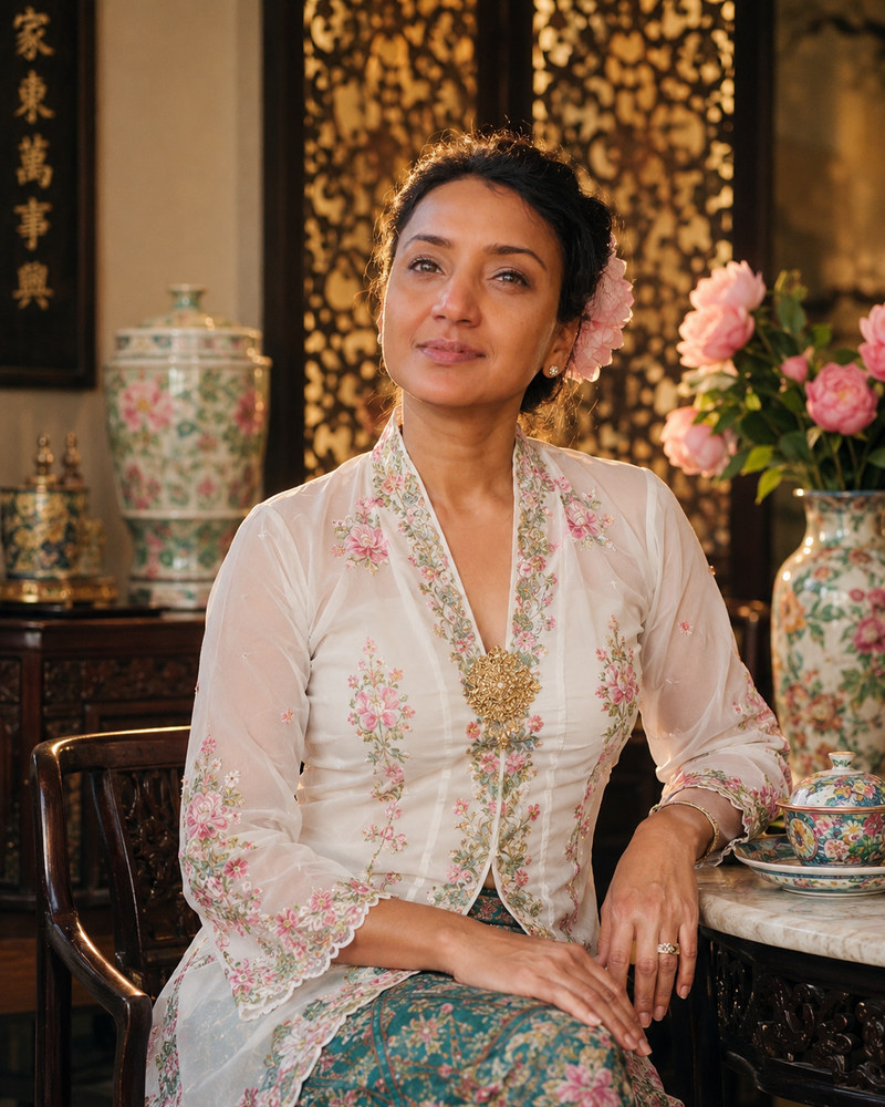Lily Urholt, founder of Kebaya Oslo, seated in a cream kebaya embroidered with pink and green florals and fastened with a gold kerongsang, beside Peranakan porcelain and peonies