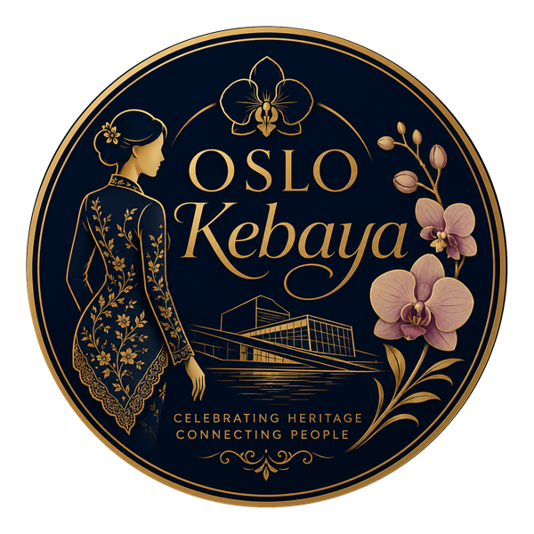 Oslo Kebaya emblem: a woman in a Peranakan kebaya beside the Oslo Opera House, framed by orchids